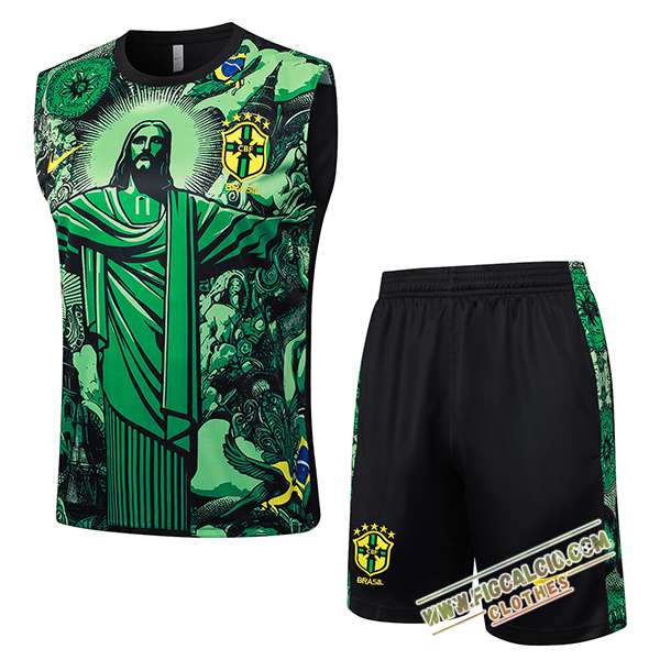 Kit Canotta Allenamento Brasile Verde/Nero 2024/2025