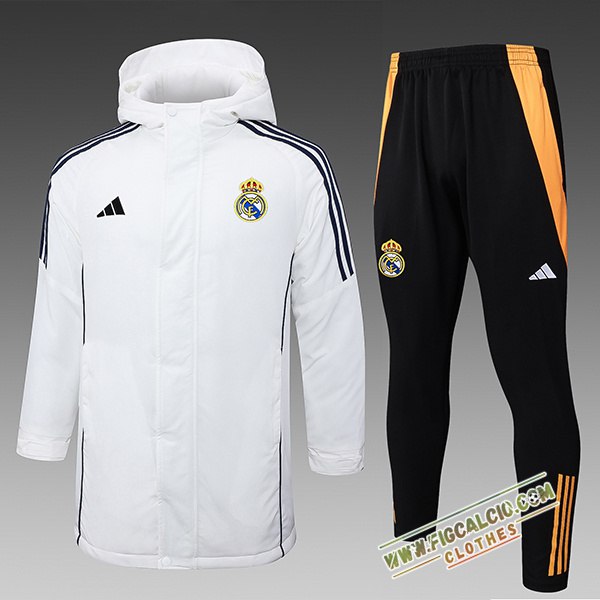 Insieme Tuta Piumino Con Cappuccio Real Madrid Bianco/Nero/Arancia 2024/2025