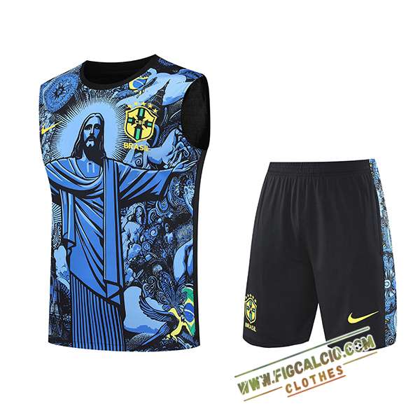 Kit Canotta Allenamento Brasile Bambino Blu/Nero 2025/2026