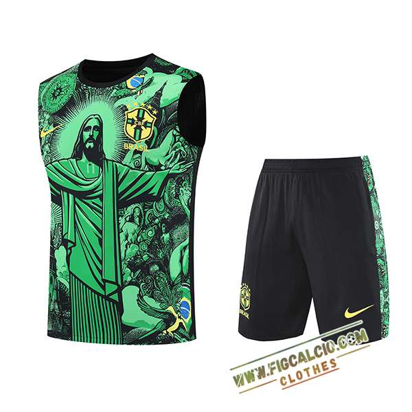 Kit Canotta Allenamento Brasile Bambino Verde/Nero 2025/2026