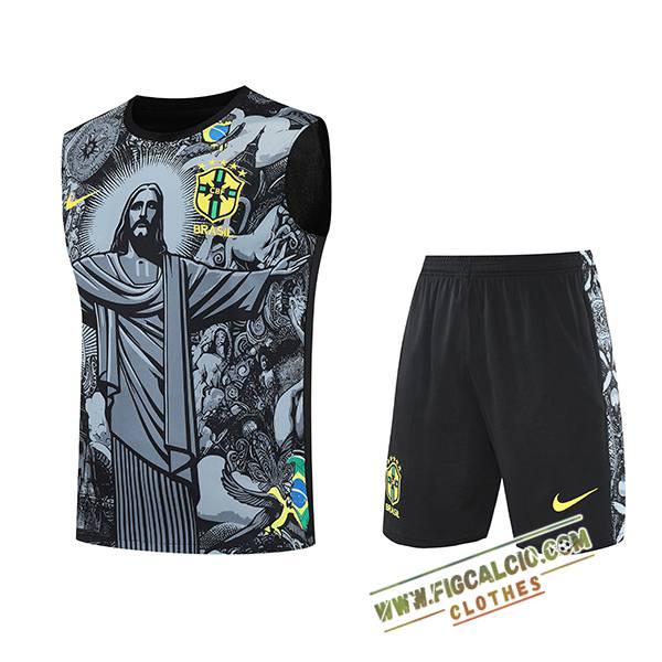Kit Canotta Allenamento Brasile Bambino Grigio/Nero 2025/2026