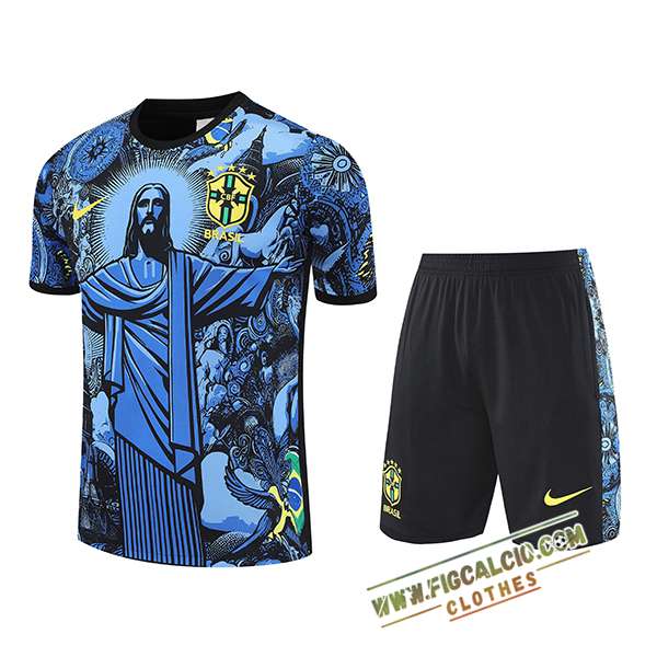 Kit Maglia Allenamento Brasile Bambino Blu/Nero 2025/2026