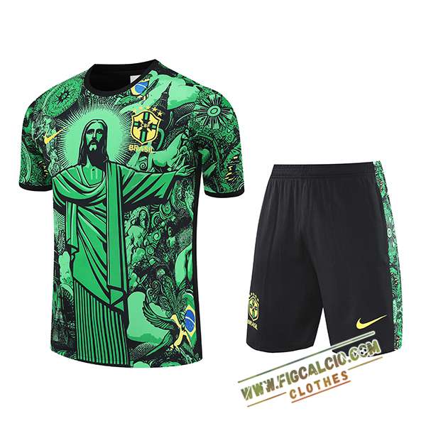 Kit Maglia Allenamento Brasile Bambino Verde/Nero 2025/2026
