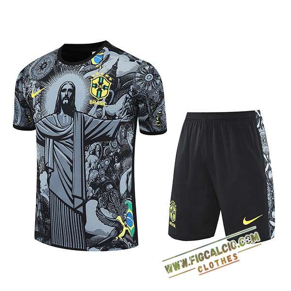 Kit Maglia Allenamento Brasile Bambino Grigio/Nero 2025/2026